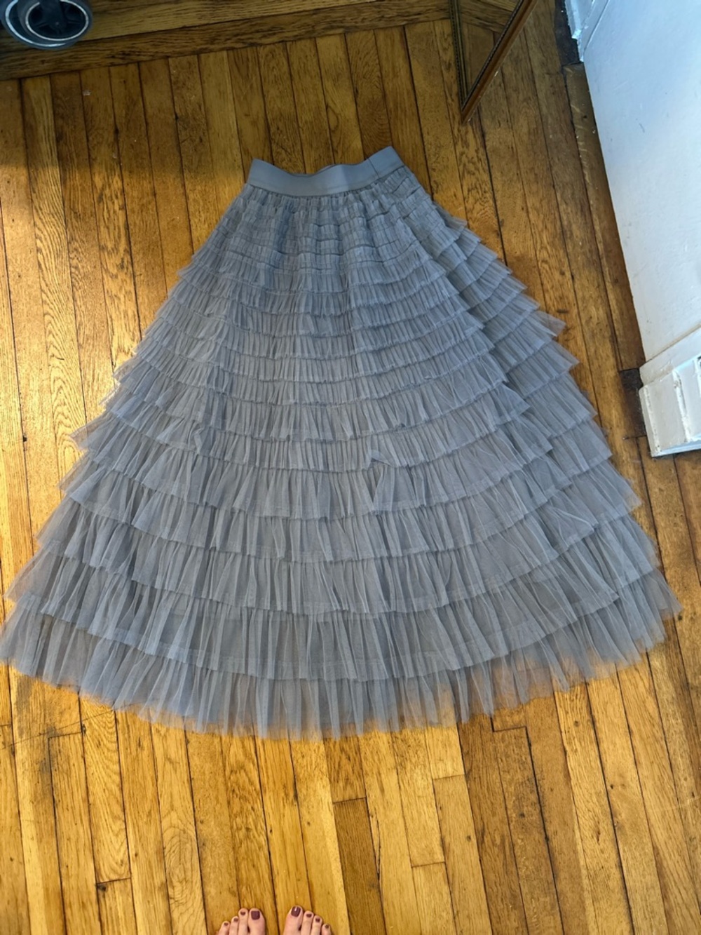 Gray Tiered Tulle Maxi Skirt with Elastic Waist